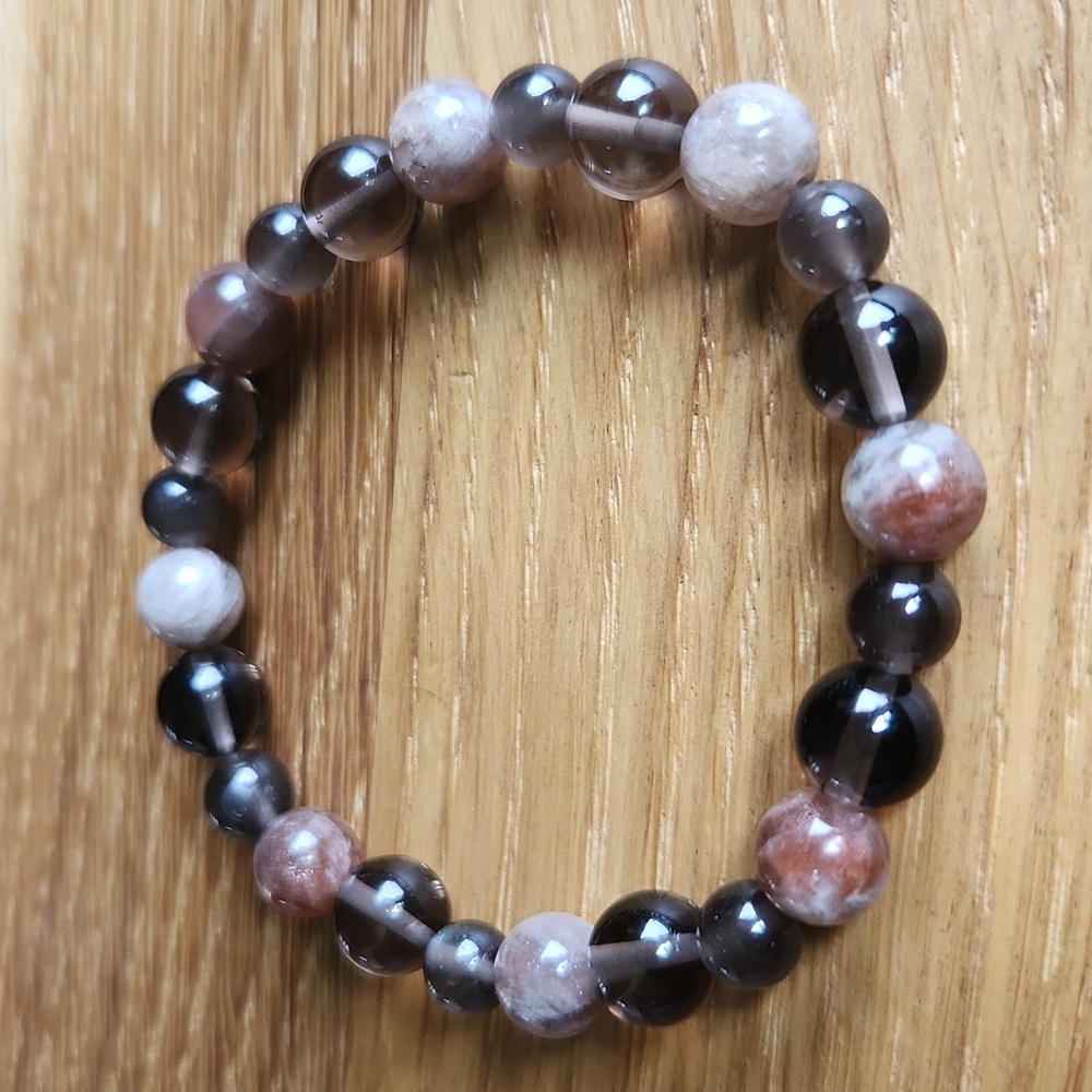 Fire Sunstone, Smoky Quartz & Ice Obsidian Bead Stretch Bracelet, Hand Crafted - Picture 4 of 9